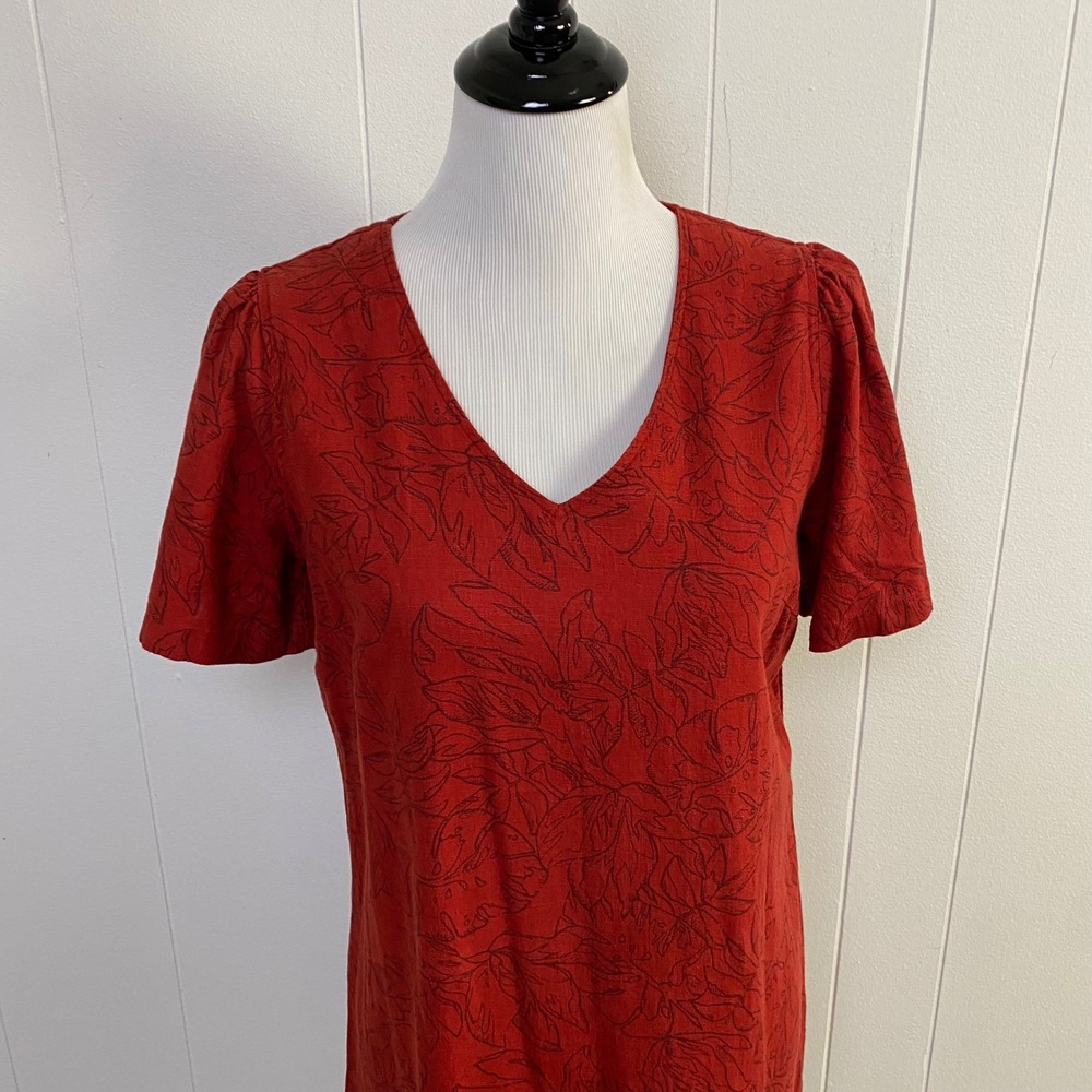 Nicole Miller Sz M Terracotta Red Linen Blend Tropical Leaf V-Neck Shift Dress - Picture 5 of 10